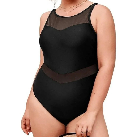 CUPSHE Women Plus Size One Piece Swimsuit V Neck Mesh Sheer Tummy Control 16/18 - Picture 1 of 13